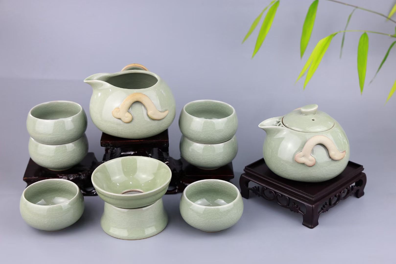 豆绿手把壶茶具套装